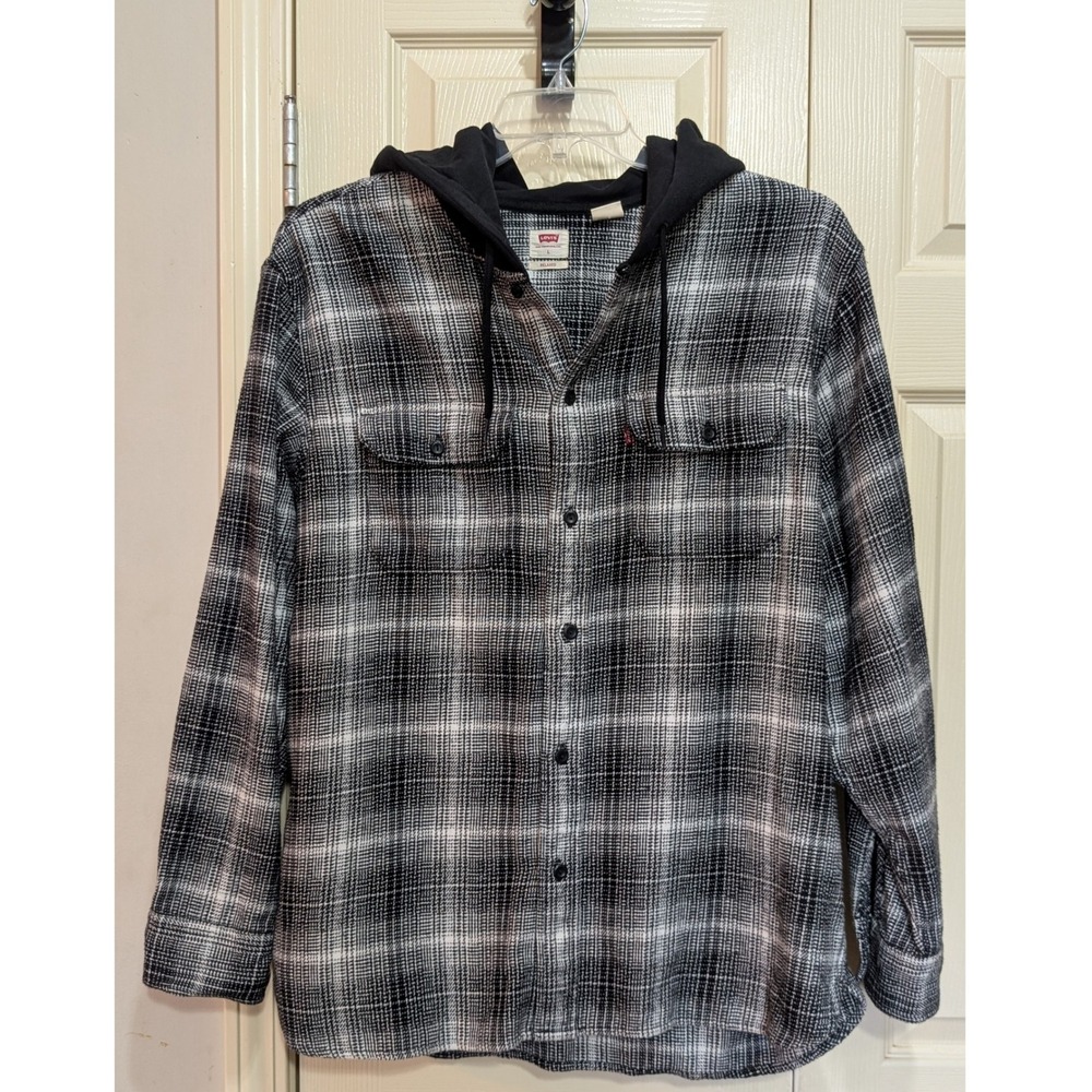 Levi's Grunge Plaid Hooded Flannel Shirt Black White Relaxed Fit L